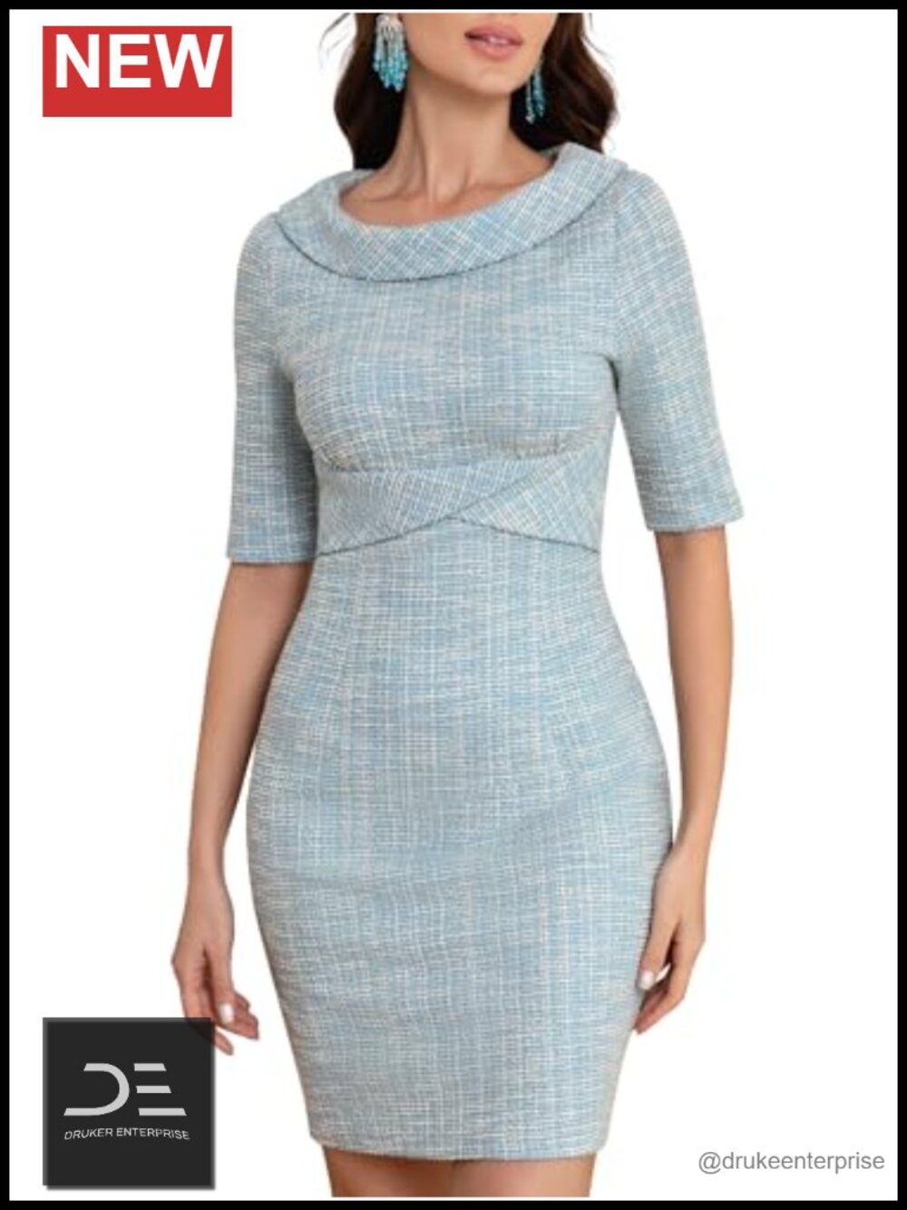 Tweed Bodycon Pencil Dress Boat Neck Half Sleeve Cocktail Formal